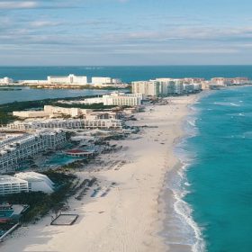 Sky view of hotels and beaches in Cancun